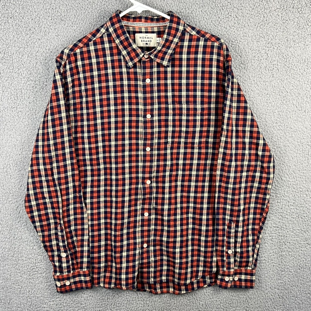 The Normal Brand Flannel Shirt Mens Large Orange Navy Blue Plaid Long Sleeve